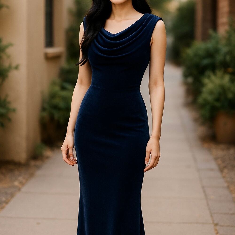 Alex Evenings Women's Vintage Cowl Drape Neck Back Maxi Gown Size 4 Navy Blue